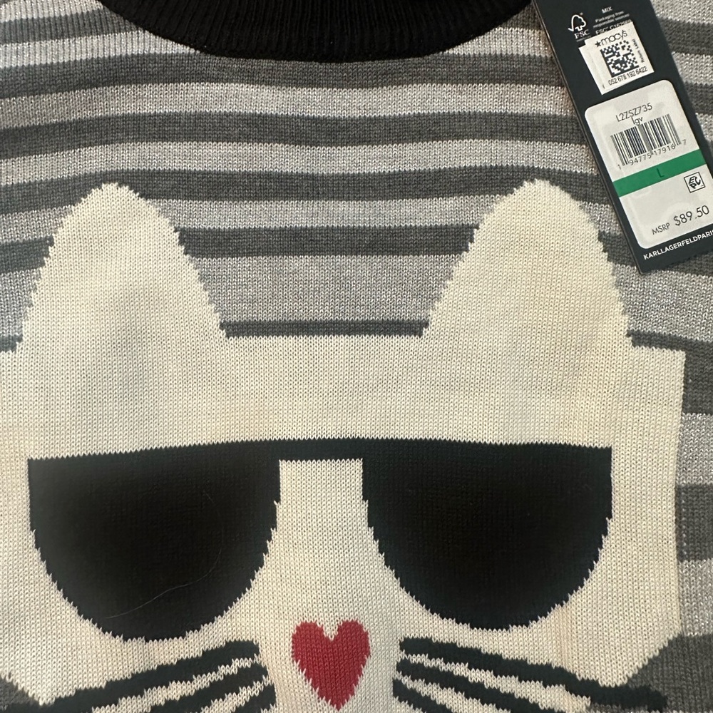 Karl Lagerfeld Gray Striped Cat Sweater